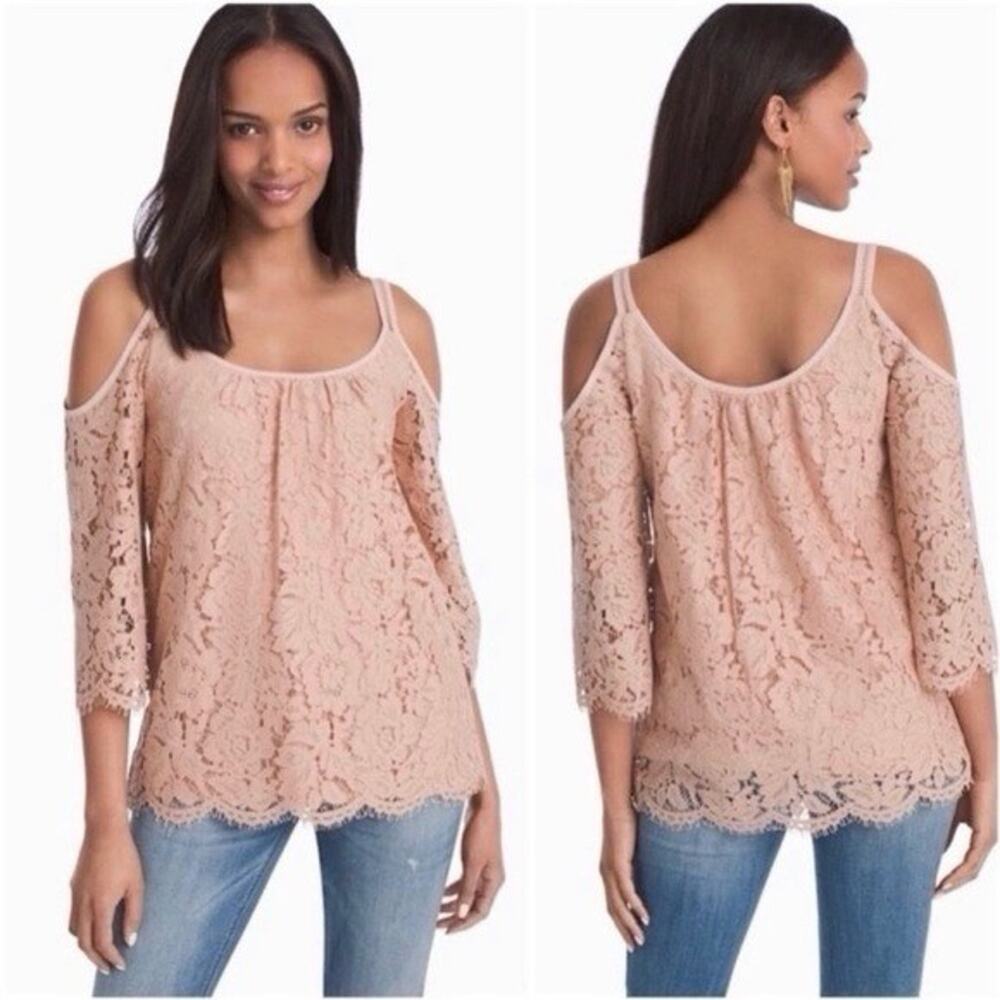 White House Black Market Lace Cold Shoulder Top Women Medium Blush Pink 3/4 Slee